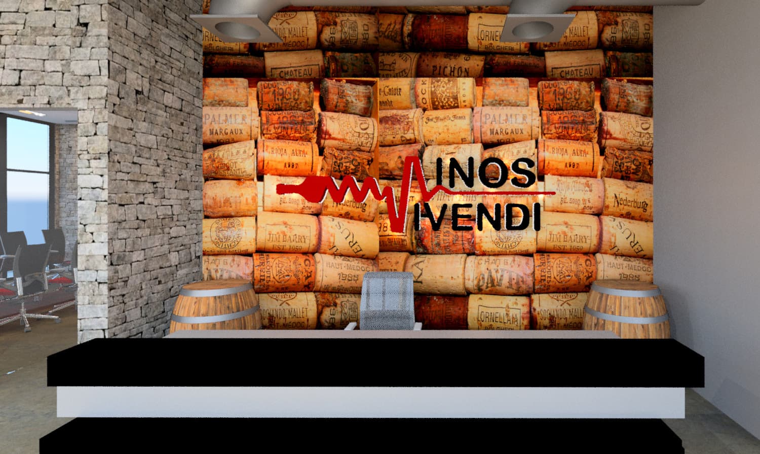 Recepção com parede de cortiça e identidade visual — Vinos Vivendi
