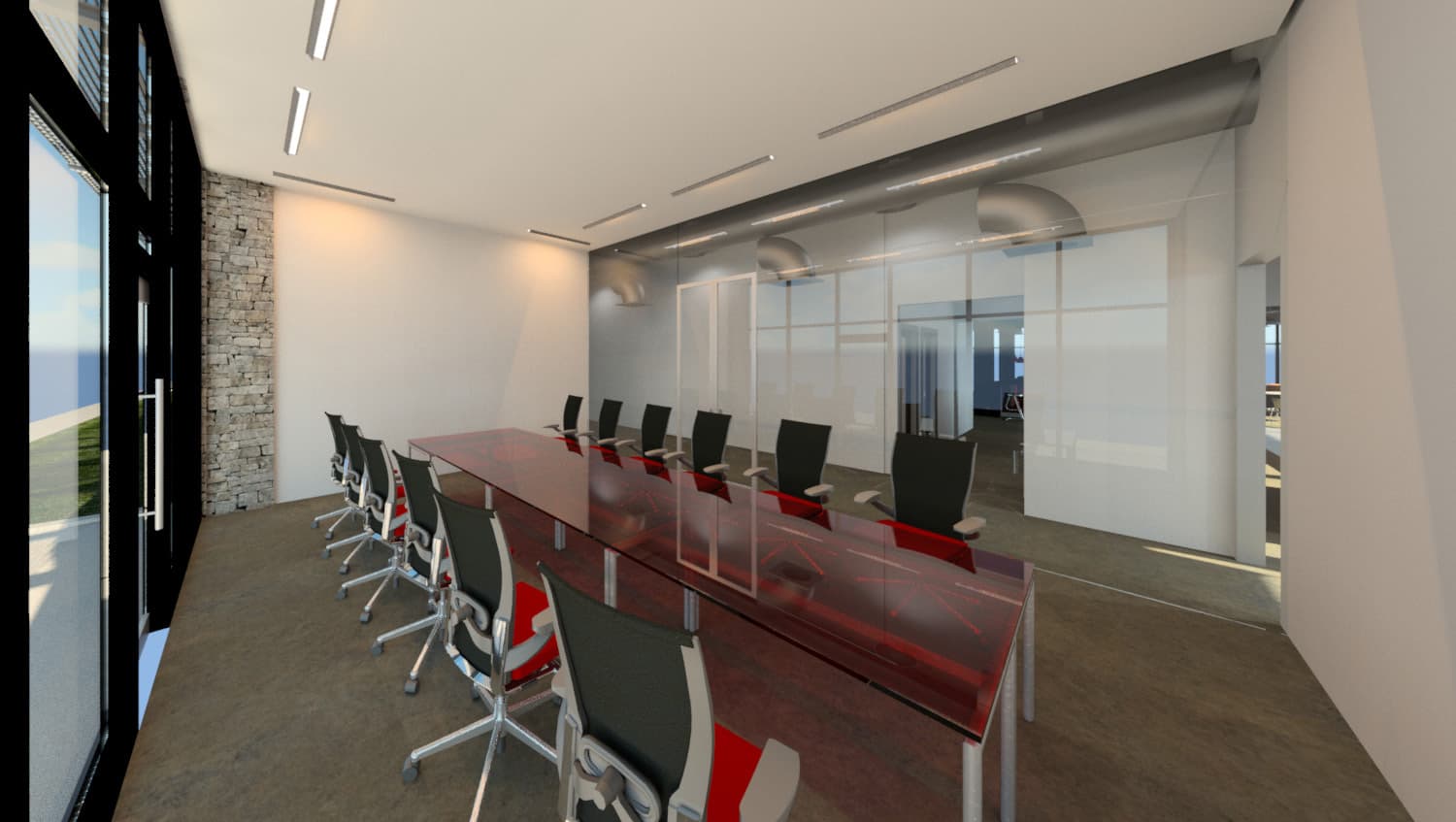Sala de reuniões com mesa em vinho e divisórias de vidro — Vinos Vivendi
